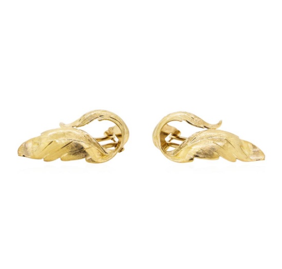 Sculpted Double Leaf Motif Omega Clip Back Earrings - 18KT Yellow Gold