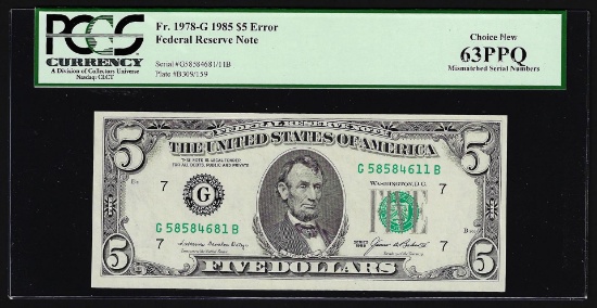 1985 $5 Federal Reserve Note 2 Digit Mismatched Serial Number ERROR PCGS Choice