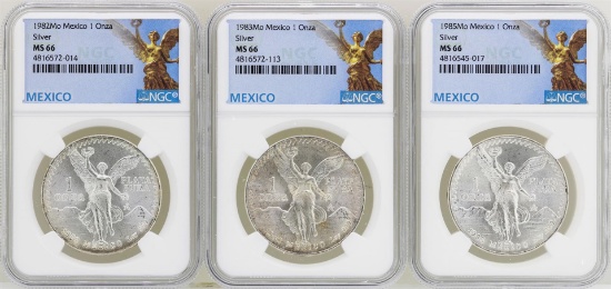 Lot of 1982Mo/1983Mo/1985Mo Mexico Libertad Onza Silver Coins NGC MS66