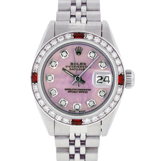 Rolex Ladies Stainless Steel Pink MOP Diamond & Ruby Datejust Wristwatch