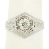 Art Deco Etched 18k White Gold .85 ctw European Cut Diamond Solitaire Ring