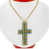 18k Yellow Gold  Flexible Movable Turquoise Bead Cross Pendant Chain