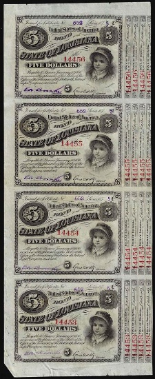 Uncut Sheet of (4) State of Louisiana Baby Bond Obsolete Notes