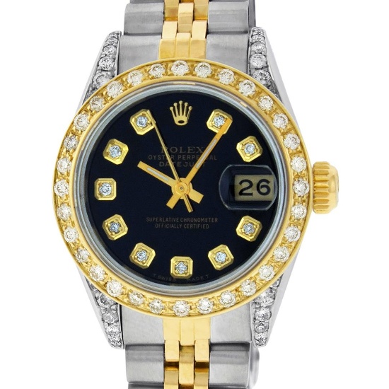 Rolex Ladies 2 Tone 18K Black Diamond Lugs Datejust Wristwatch With Rolex Box