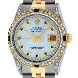 Rolex Mens 2 Tone 14K Lugs MOP Emerlads & Diamond 36MM Datejust