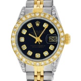 Rolex Ladies 2 Tone 18K Black Diamond Lugs Datejust Wristwatch With Rolex Box