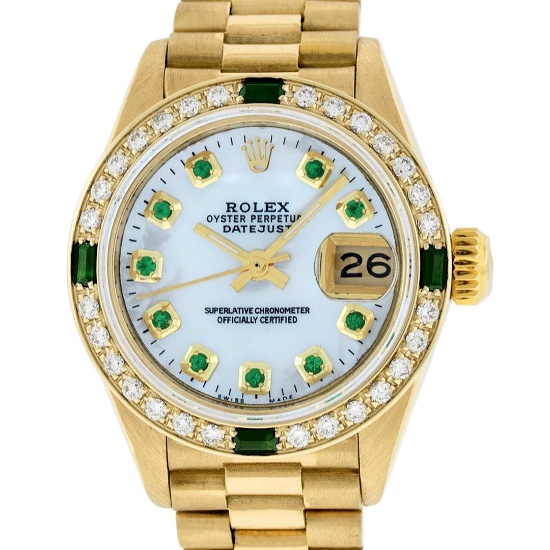 Rolex Ladies 18K Yellow Gold MOP Emerald President Wristwatch With Watch Winder