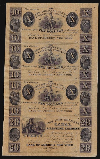 Uncut Sheet of $10 New Orleans Canal & Banking Company Obsolete Notes