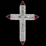 Platinum 1.56 ctw Round Baguette Diamond & Trillion Ruby Cross Pendant Pin Brooc