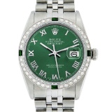 Rolex Mens Stainless Steel Green Roman Diamond & Emerald Datejust Wristwatch