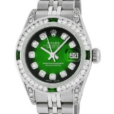 Rolex Ladies Stainless Steel  Green Vignette Diamond Lugs & Emerald Datejust Wri
