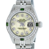 Rolex Ladies Stainless Steel Yellow MOP Diamond & Emerald Datejust Wristwatch