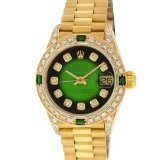 Rolex Ladies 18K Yellow Gold Green Vignette Diamond And Emerald President Wristw