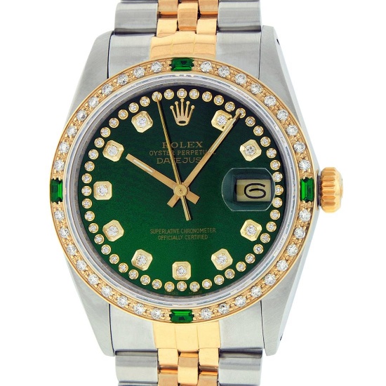 Rolex Mens 2 Tone 14K Green String Diamond & Emerald Datejust Wristwatch