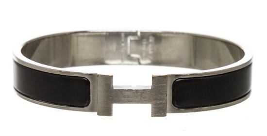 Hermes Black Enamel Palladium Plated Narrow Clic Clac H Bracelet GM
