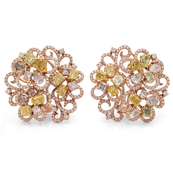 18k Three Tone Gold 7.72CTW Diamond, Pink Diamond and Multicolor Dia Earrings, (