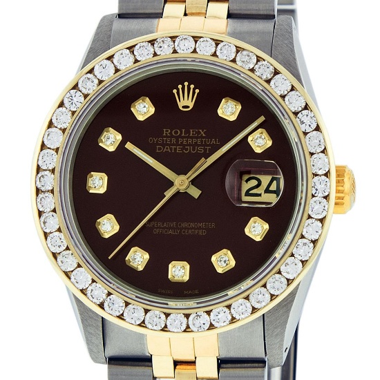 Rolex Mens 2 Tone Maroon VS 3 ctw Channel Set Diamond Datejust Wristwatch