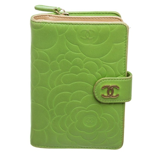 Chanel Green Camelia Leather French Purse Wallet