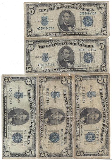 1934 $5 Bill Currency Lot of 5