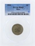 1866 Shield Nickel Coin with Rays PCGS MS63