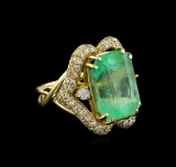 GIA Cert 17.51 ctw Emerald and Diamond Ring - 14KT Yellow Gold