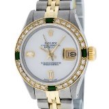 Rolex Ladies 2 Tone 14K MOP & Emerald Diamond Datejust Wriswatch
