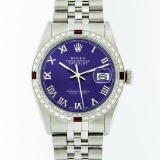 Rolex Mens Stainless Steel Purple Roman Diamond & Ruby Datejust Wristwatch