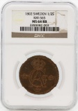1802 Sweden 1/2 Skilling Coin NGC MS64RB