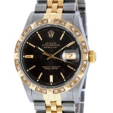 Rolex Mens 2 Tone 14K Black Index Pyramid Diamond Bezel Datejust Wristwatch