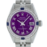 Rolex Ladies Stainless Steel Purple Diamond & Sapphire Datejust Wristwatch