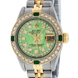 Rolex Ladies 2 Tone Green MOP Diamond & Emerald Datejust Wristwatch