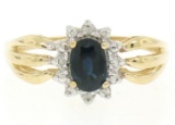 14k Yellow Gold 0.79 ctw Oval Royal Blue Sapphire Ring w/ 4 Round Diamond Accent