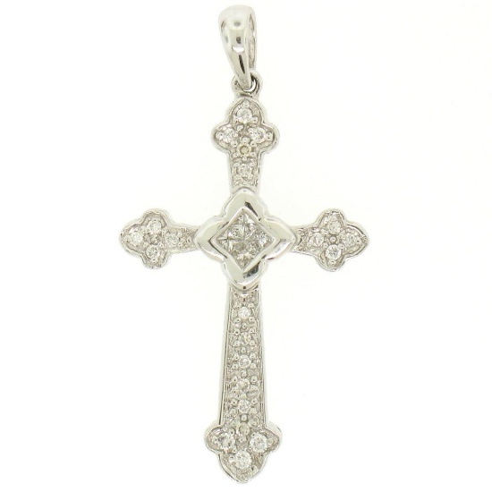 14k White Gold .33 ctw Invisible Princess & Pave Round Diamond Cross Pendant