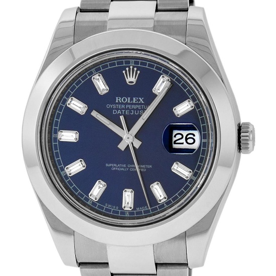 Rolex Mens SS 41MM Blue Baguette Diamond Datejust 2 Oyster Band Wristwatch With