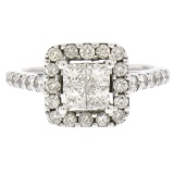 14k White Gold 1.25 ctw Invisible Princess & Round Diamond Halo Engagement Ring