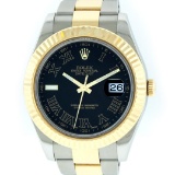 Rolex Mens Yellow Gold And Stainless Steel 41MM Black Roman Datejust 2 Wristwatc