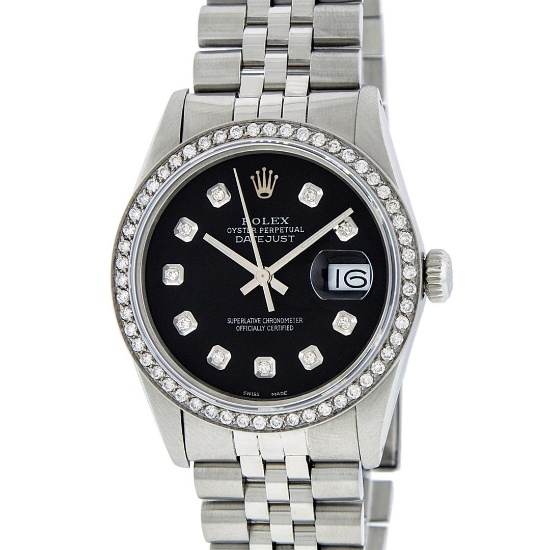 Rolex Mens Stainless Steel Black Diamond 36MM Datejust Wristwatch