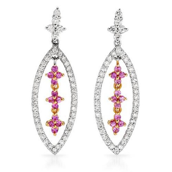 18k White Gold 1.15CTW Pink Sapphire and Diamond Earrings, (I1/Pink/H-I)