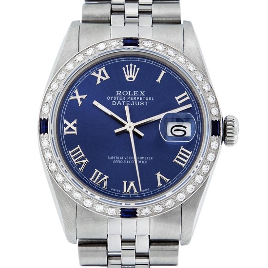Rolex Mens Stainless Steel Blue Roman Diamond & Sapphire 36MM Datejust Wristwatc