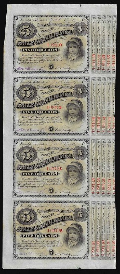 Uncut Sheet of (4) State of Louisiana Baby Bond Obsolete Notes