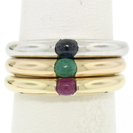 14K Tri Color Gold 3 Stackable Tension Set Emerald Sapphire Ruby Solitaire Rings