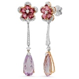 18k White Gold 11.73CTW Diamond and Amethys and Tourmaline Earrings, (SI1-SI2/G-