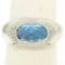 14K White Gold Oval Checkerboard Cut Bezel Blue Topaz Solitaire & Diamond Ring