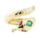 0.66 ctw Emerald, Ruby, and Diamond Snake Ring - 14KT Yellow Gold