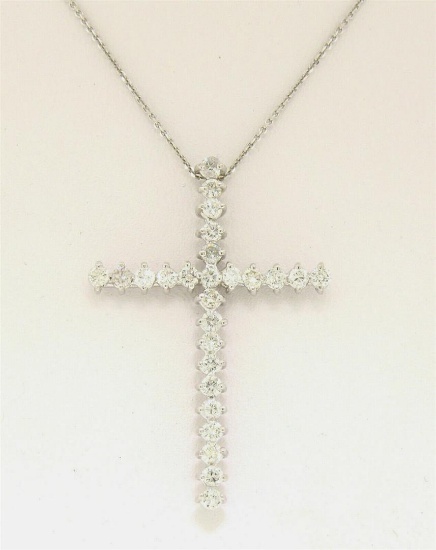 14k White Gold 1.08 ctw Prong Set Round Diamond Cross Pendant Necklace