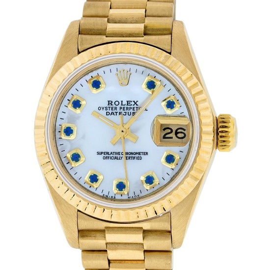 Rolex Ladies 18K Yellow Gold Mother Of Pearl Sapphire Datejust President Wristwa