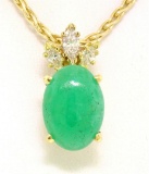 18k Yellow Gold Oval Green Jade & Marquise Diamond Pendant w/ 14k Wheat Chain