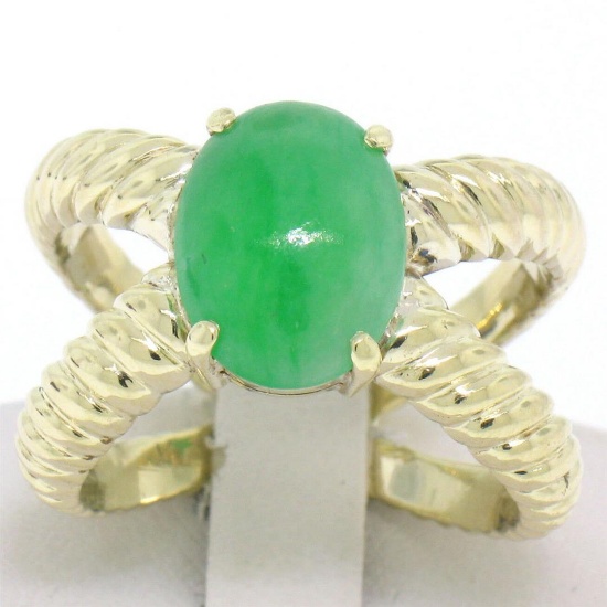 14k Solid Gold Open Twisted Wire Bands Open Wide Cabochon Green Jade Ring