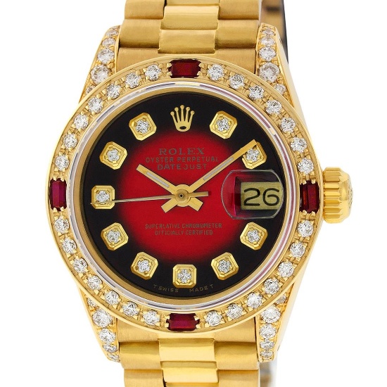 Rolex Ladies 18K Yellow Gold Diamond Lugs Red Vignette And Ruby President Wristw