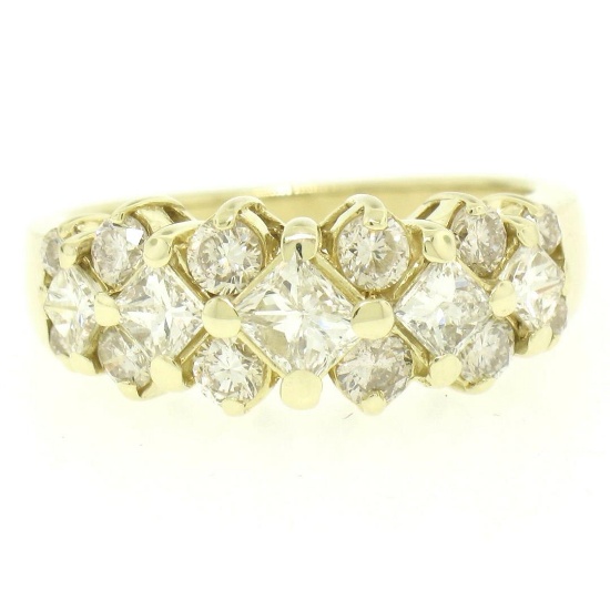 14K Yellow Gold 1.80 ctw H VS Princess & Round Cut Diamond Cluster Wide Band Rin